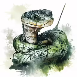 a drawing of a snake holding a sword