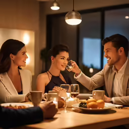 two men and a woman sharing a glass of wine while dining