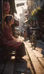 a person sitting on a bench near a bike