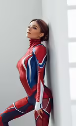 woman in red and blue suit leaning against wall
