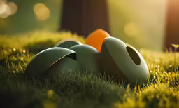 several eggs sit on grass in front of trees