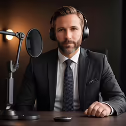 a business man sitting at his desk wearing headphones
