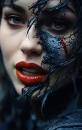 a woman with black make - up, with red lipstick