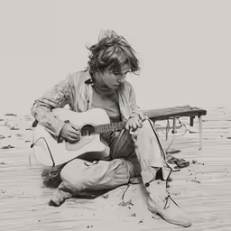 a man playing guitar while sitting on the beach