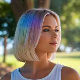 a woman wearing white top and short blonde bob with a colorful rainbow highlight