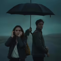 the couple is walking in the rain carrying an umbrella