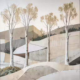 three trees with no leaves are painted on a wall