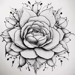 a drawing of a flower is shown with a drawing tools on the back of it,a rose with black and white petals in the center