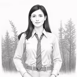 a young woman wearing a shirt and tie with trees in the background