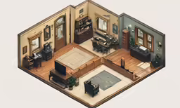 a rendered open floor plan showing the living and dining rooms