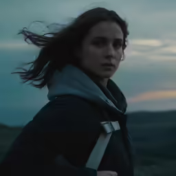 a woman is standing on a hill under an cloudy sky