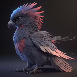 a bird with red feathers sitting on top of a black floor