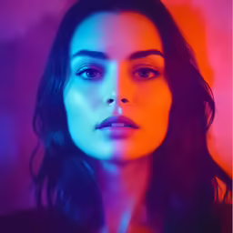 a woman is shown in a neon background with dark hair