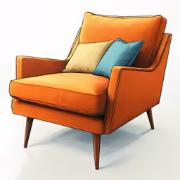 an orange chair with four pillows on it