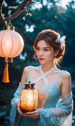a woman holding a lantern in front of a tree