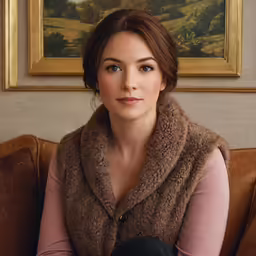 a women sitting down wearing a jacket and a scarf
