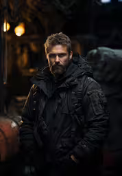 a bearded man wearing a black jacket,a bearded man standing in an industrial setting