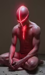 a person is sitting with his face obscured by a neon light