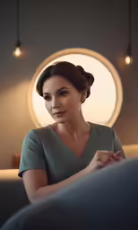 the image shows the woman sitting with her arm folded and looking off into the distance