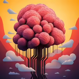 surreal artwork depicting a cluster of balls suspended on a tree