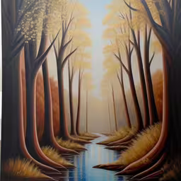 a painting of a path through a forest,a painting with trees on it in the middle of a park,the trees on the painting are very beautiful,a painting of a stream in the woods,a painting with trees and the sun in a forest
