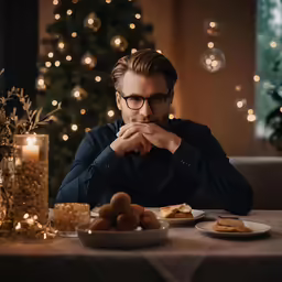 a man in black shirt and glasses sitting at table with food