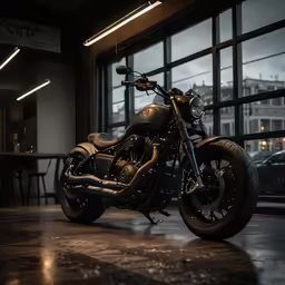 black motorcycle parked inside a large room next to big windows