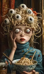 a woman is holding up noodles with the eyes on top