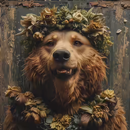 a dog with lots of leaves on its head