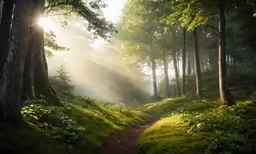 a path winding through the middle of a lush green forest