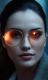 a woman wearing glasses with orange colored lights on her face