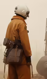 a man in military gear stands and looks at something