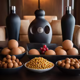 a wooden table with several large black and white vases