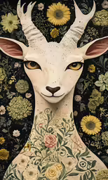 a painting with an animal and flowers in the background