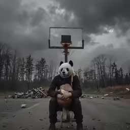 a man sitting on a bench with a basketball in front of a black and white forest