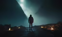 the person standing alone is lit up by candles in the dark cave