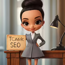 a 3d woman stands behind a wooden desk