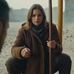 a woman holding a stick in her hands and sitting near a man