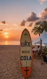 a surf board that is standing in the sand