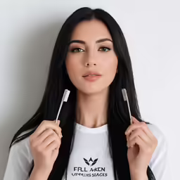 a woman standing wearing a white shirt and a black leather jacket holds up two tooth brushes