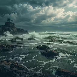 a dark landscape of waves crashing on the rocky beach