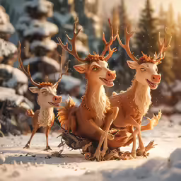 three deer are sitting next to each other