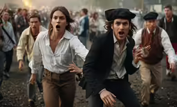 a group of people running across a field