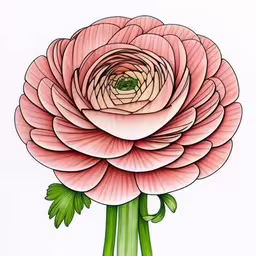 a drawing of a large flower with green stems,a pink rose is shown in color and with green stems,a close up view of a flower with very thin petals,an art print of a big pink flower,an image of a large pink flower with green stems