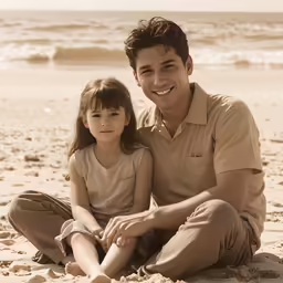 the man and his daughter are sitting together on the sand