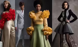 the models in different colors are wearing long dresses