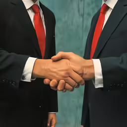 two businessmen shake hands in front of a green wall
