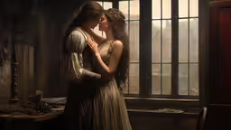 a man standing next to a woman who is hugging her face,two women stand by the window in a dark room