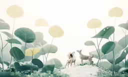 two miniature animals standing in the middle of green plants