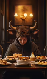 a young boy wearing a mask at a table full of food